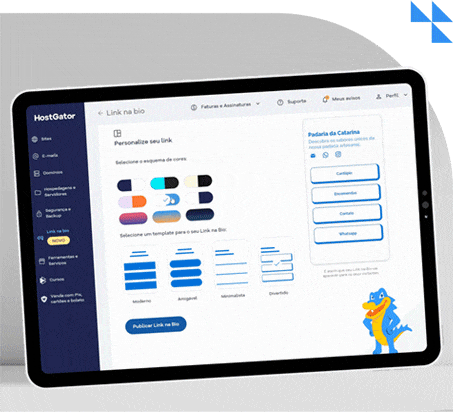 Um tablet exibindo a página de personalização "Link na Bio" da HostGator. À esquerda, há opções de cores e modelos de links. À direita, links rotulados como "Cartão" e "WhatsApp". No canto inferior direito, está Snappy, o mascote azul e amarelo da HostGator.